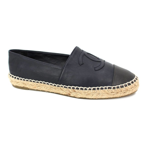 CHANEL Shoes - Chanel Navy Blue Black Cap Toe CC Logo Leather Embroidered Espadrille Flats 39